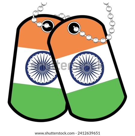 A pair of India military dog tags with chain over a white background showing the Indian national flag