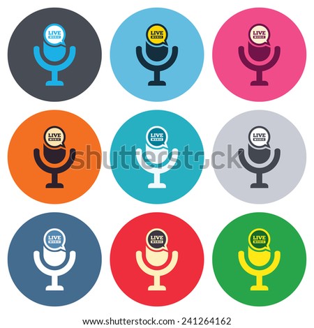 Microphone icon. Speaker symbol. Live music sign. Colored round buttons. Flat design circle icons set. Vector