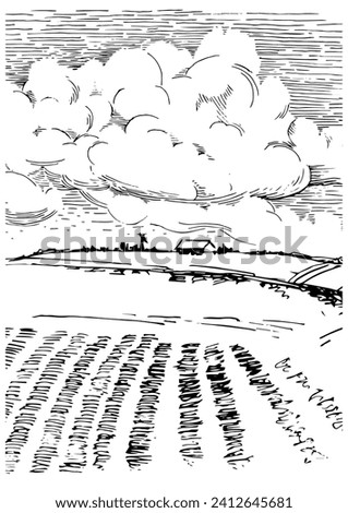 Rural scenery. Meadow, alkali, lye, grassland, pommel, lea, pasturage, farm. Rural scenery landscape panorama of countryside pastures. Vector sketch illustration Royalty-Free Stock Photo #2412645681