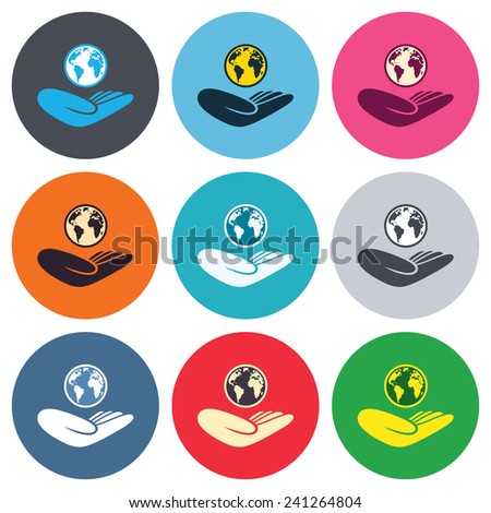 World insurance sign. Hand holds planet symbol. Travel insurance. World peace. Colored round buttons. Flat design circle icons set. Vector