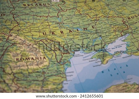 Physical map of Ukraine with Black Sea, Moldova and Romania Royalty-Free Stock Photo #2412655601