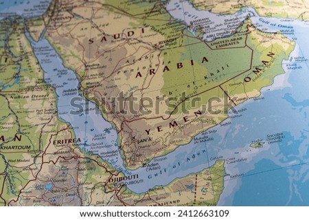 Physical map focusing on Yemen, Red Sea, Aden Gulf, Saudi Arabia and Oman Royalty-Free Stock Photo #2412663109