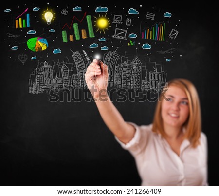 Cute woman sketching city and graph icons and symbols