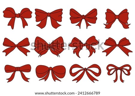 Set of graphic decorative bows. Ribbon with bow as a gift red icon. Vector set