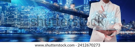 Businessman Holding Pen And Tablet Presenting Futuristic Technology.