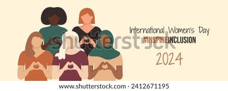 International Women's Day banner 2024. IWD InspireInclusion horizontal design with girls shows Heart Shape with their hands. Inspire inclusion social campaign. Varied Women in faceless style. Royalty-Free Stock Photo #2412671195