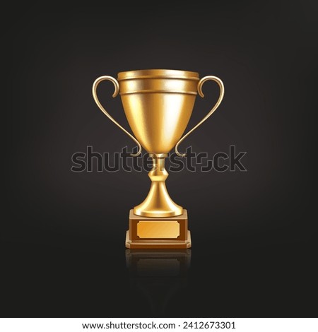 Trophy cup. 3d gold award for soccer or football golden champion winner, sport championship win. Leadership and success symbol. Achievement sign. Vector realistic prize isolated