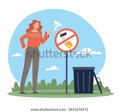Bad people character smoking under sign no smoke. Vector flat cartoon illustration