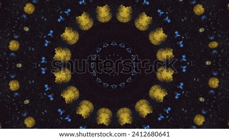 Futuristic mandala. Glitter kaleidoscope. Ethnic design. Defocused blue gold black color glowing sparkling ink water round floral ornament motion on dark abstract art background.