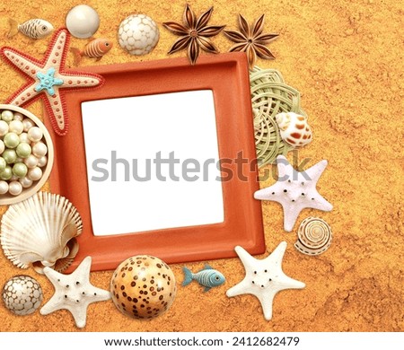 Vintage travel background with clay frame, vacation souvenirs, small wooden fish, seashell on sand. Horizontal summer holiday backdrop. Mock up template. Copy space for text