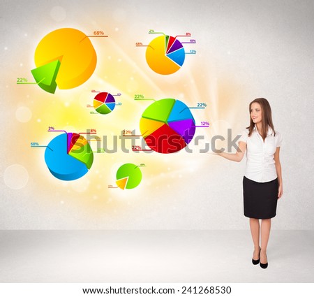Business woman with colorful graphs and charts concept