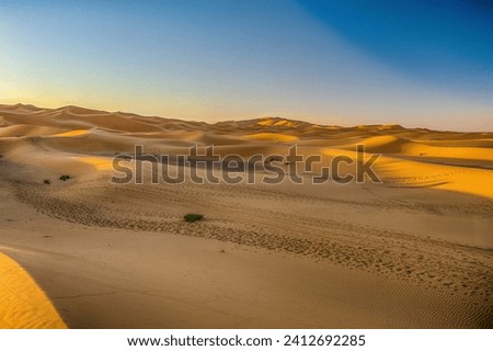 Sahara Desert sand dunes background. Popular travel destination, Erg Chebbi, Sahara Desert, Morocco.Erg Chebbi Royalty-Free Stock Photo #2412692285
