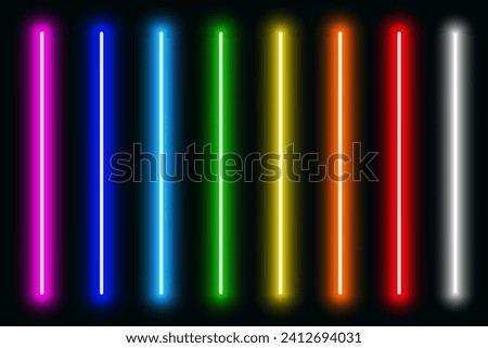 Luminous neon lines isolated, lights lines set in different rainbow colors, retro led neon lamp tube, glowing laser beams streaks on dark background Royalty-Free Stock Photo #2412694031