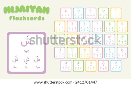 Hijaiyah or Arabic letters colorful flashcard vector set. Printable Hijaiyah flashcard for kids. 