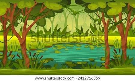 Swamp landscape. Forest river marsh cartoon game background, fantasy rainforest lake mysterious jungle stench pond with lily and moss trees lichen wood neoteric vector illustration of forest swamp Royalty-Free Stock Photo #2412716859
