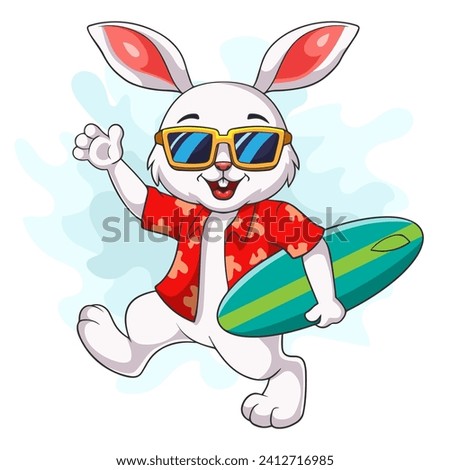 cartoon white rabbit carrying a surfboard Royalty-Free Stock Photo #2412716985
