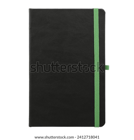 Black Leather Organizer, Daily Notebook with Pen Holder isolated on white background. Stylish daily planner with green colored rubber pen holder, clipping path. Isolated background