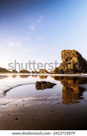 a dreamy fine art landscape photography image of the Oregon Coast sea stacks at Face Rock during a vibrant and sunny Spring golden hour. 