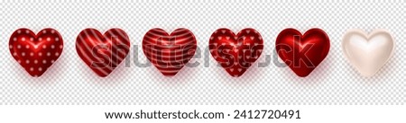 Set of realistic 3d puffy red and white valentine hearts with pattern isolated on transparent background clip art. Three dimensional symbols of love, passion, affection - hearts for Valentines Day