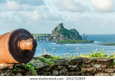 Sela Gineta Rock, Composed of phonolitic rock, is located between the Rasa and Meio islands, in the Fernando de Noronha Archipelago Royalty-Free Stock Photo #2412723859