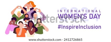Inspire inclusion banner template for International Women's day. IWD 2024 campaign with diverse women making heart gesture and hashtag on white background. Flat vector illustration Royalty-Free Stock Photo #2412726865