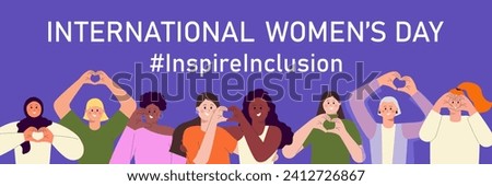 Inspire inclusion banner for International Women's day. IWD 2024 campaign with diverse happy women making heart gesture and hashtag on purple background. Flat modern vector illustration Royalty-Free Stock Photo #2412726867