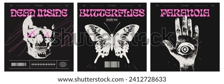 Trendy grunge posters set with retro photocopy elements. Skull, butterfly, psychedelic hand.  Y2k gothic style. Vector modern design.