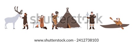 Eskimos people lifestyle isolated set with man and woman wearing traditional clothes daily activity Royalty-Free Stock Photo #2412738103
