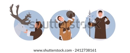 Isolated round icon composition with happy Eskimos man and woman cartoon characters activities