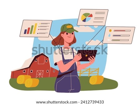 Agronomy woman concept. Young girl with tablet at smart farm. Modern technologies and innovations. Farmer with graphs and diagrams. Cartoon flat vector illustration isolated on white background Royalty-Free Stock Photo #2412739433