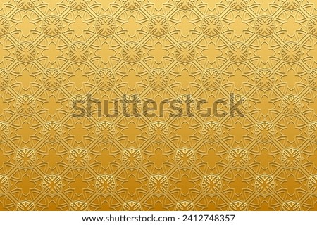 Embossed metal background, cover design. Handmade, arabesques, golden texture. Geometric ethnic 3D pattern. Ornamental art of the East, Asia, India, Mexico, Aztec, Peru.