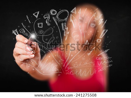 Young girl drawing and skteching abstract lines and symbols 