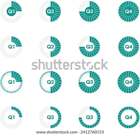 Set of 16 icons representing the financial year divided by quarters in different colors Royalty-Free Stock Photo #2412760153