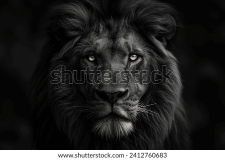 Black Lion, depicted with a luxurious long mane that cascades like a river of night. Its eyes, gleaming with wisdom and courage, hold a story untold, beckoning the viewer into a world of wild elegance Royalty-Free Stock Photo #2412760683