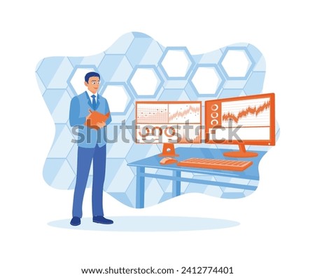 Businessman working at head office. Reviewing cryptocurrency trading documents using a computer. Stock Trading concept. Flat vector illustration.