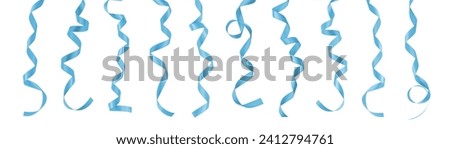 Light blue satin ribbon confetti hanging bow color scroll set isolated on white background with clipping path for holiday and wedding card design decoration