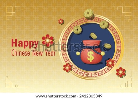 Happy Chinese New Year,  traditional card design.  Lucky bag with gold coins on Chinese traditional lattice window frame. Vector.