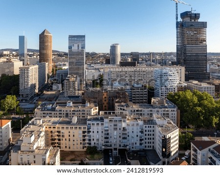 Aerial view of the business district of Lyon and the city skyline in France.