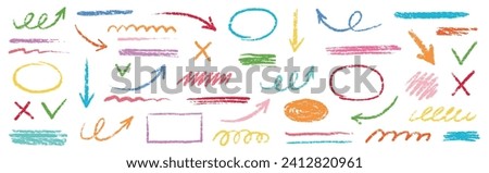 Chalk scribble arrow, line brush set. Crayon arrow, underline, handwritten mark check elements. Vector hand drawn scribble crayon, marker color brush texture. Rough chalk vector illustration Royalty-Free Stock Photo #2412820961