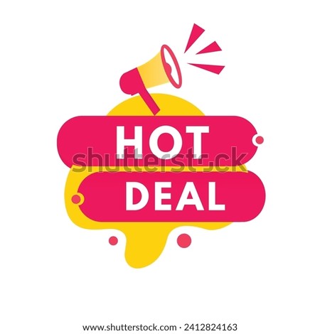 Hot deal banner template, red label with megaphone design modern style. Vector template isolated white background.