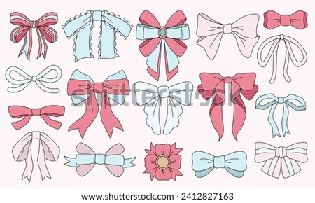 Ribbon bows vector flat illustration bundle. Collection of pastel colors bow doodles. Set of ribbon drawings for design elements.