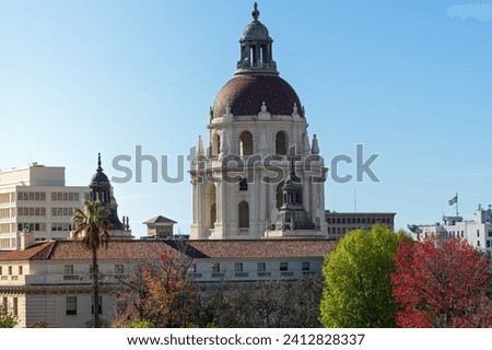 Pasadena City Hall main tower, shown in Los Angeles County, California. This historic building was completed in 1927. Royalty-Free Stock Photo #2412828337