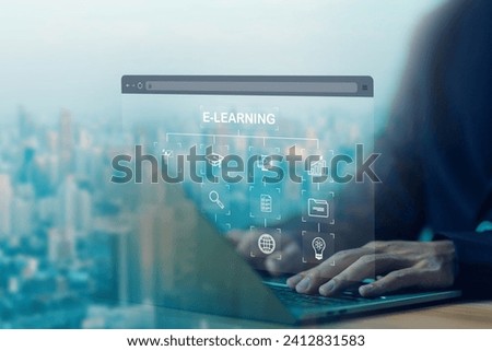 e-learning icon on a virtual screen in a laptop. concept learn from webinar technology, course education, training digital online, and library on the internet website. lesson learning e-book