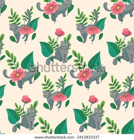 Seamless pattern with cute hand drawn animals, plants. Pretty floral wallpaper design, print: painted botany, small cats, kittens among flowers, leaves. Vector illustration in pastel colors.