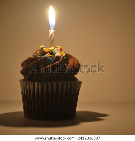 The image depicts a cupcake with a lit candle on top. It is a sweet baked dessert, often associated with celebrations like birthdays. The cupcake appears to have chocolate icing.