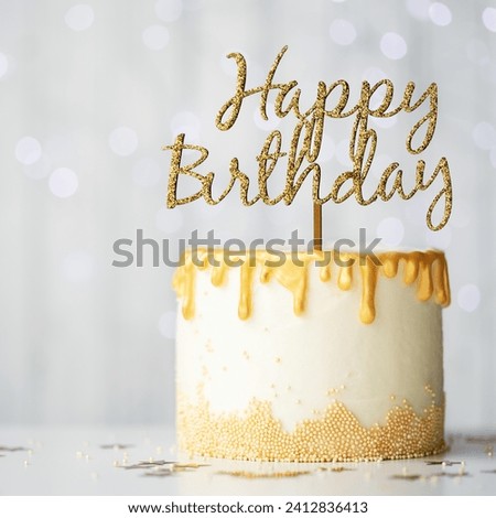 The image is a white square with gold text that says "Happy Birthday."