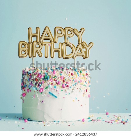 The image contains the text "HAPPY BIRTHDAY" written in a decorative style. The tags associated with the image include "birthday cake," "dessert," "icing," "sweetness," and "buttercream."