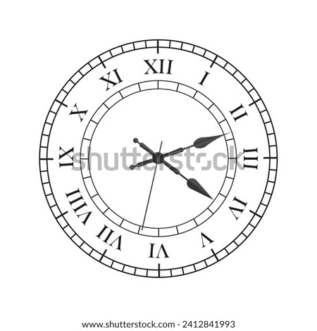 Vintage Roman numeral clock isolated on white background. Old fashion vintage clock front line art vector icon for apps and websites. Vector illustration Royalty-Free Stock Photo #2412841993
