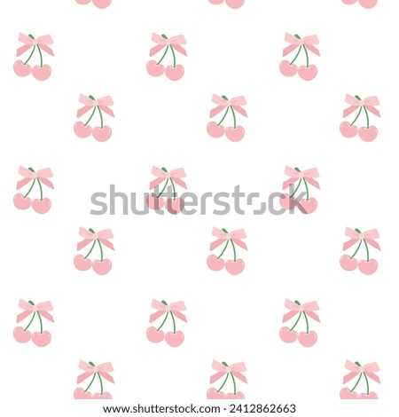 Cute coquette cherries adorned with pink ribbon bow pattern seamless isolated on white background.