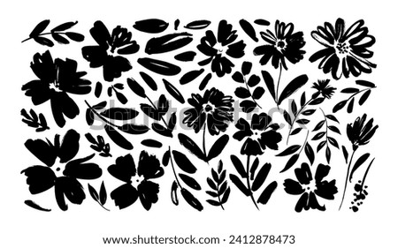 Chamomile hand drawn black paint vector set. Ink drawing flowers and leaves, small branches. Monochrome artistic botanical clip arts. Daisy, aster, chrysanthemum. Flower silhouettes painted with brush